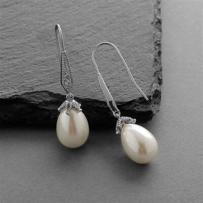 Vintage French Wire With Pave CZ Pearl Drop Earrings