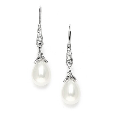 Vintage French Wire With Pave CZ Pearl Drop Earrings