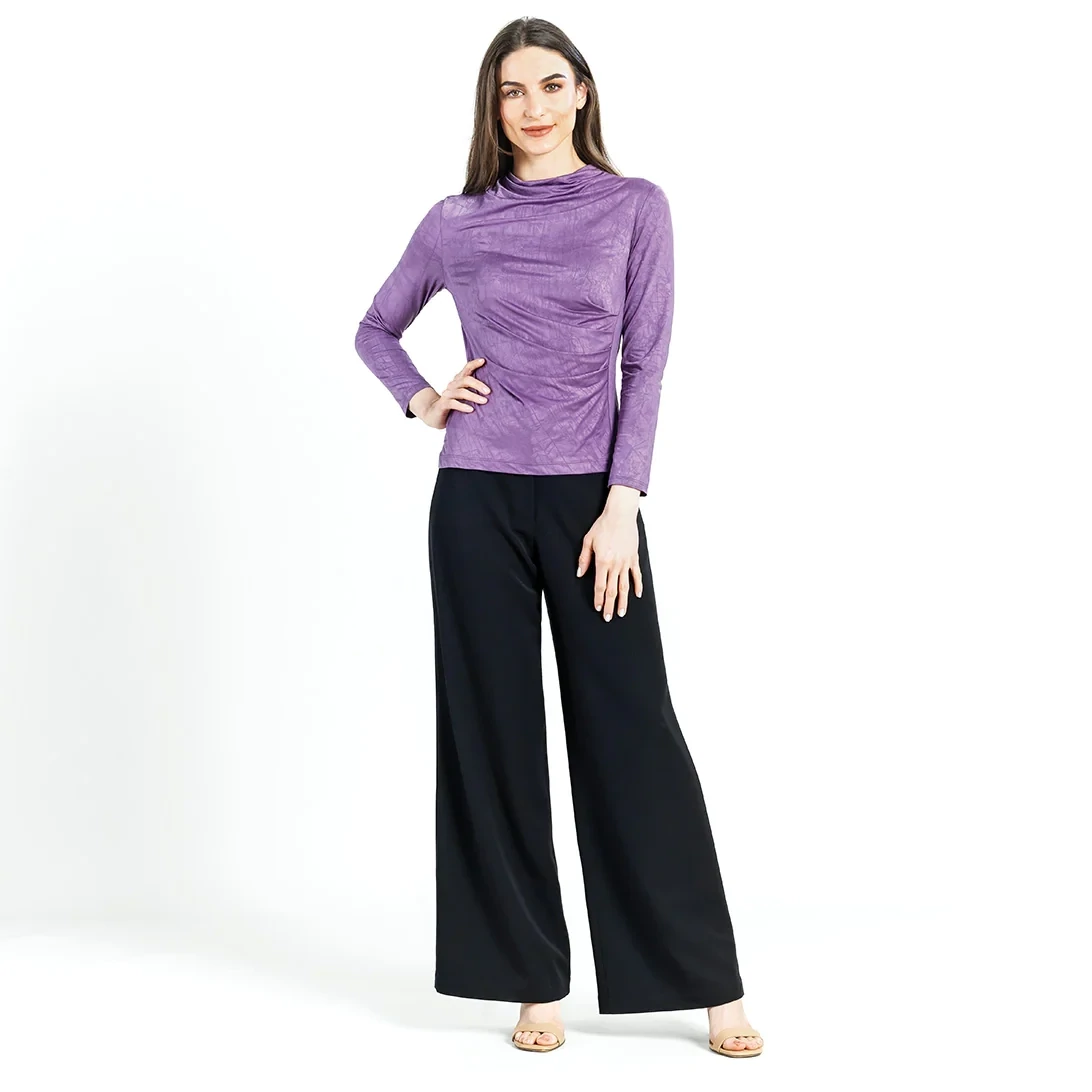 Plum Crushed Silk Knit Draped Neck Side Ruched Top