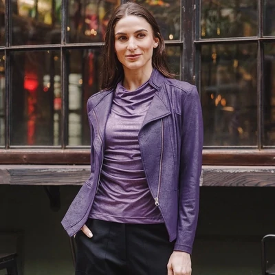 Plum Crushed Silk Knit Draped Neck Side Ruched Top