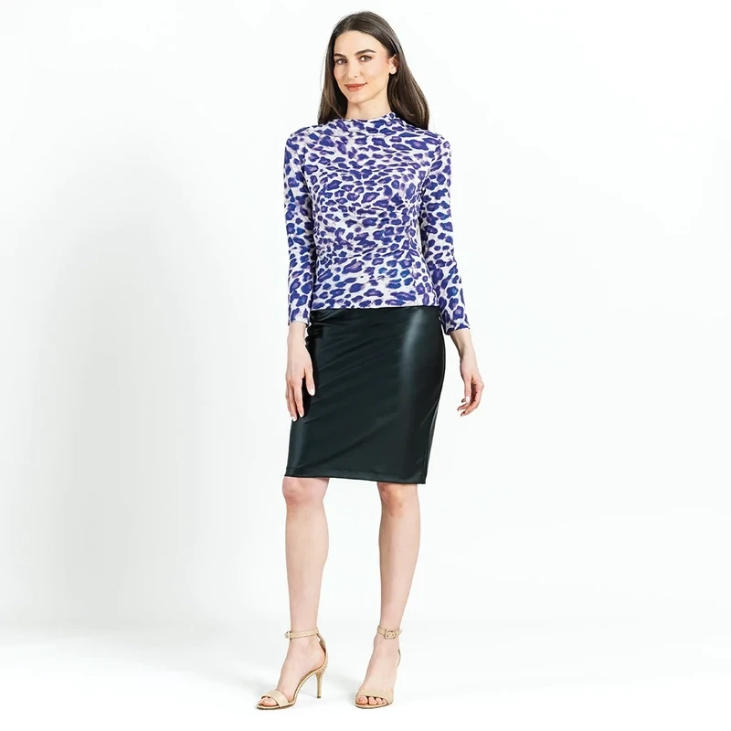 Plum Cheetah Foil Knit Draped Neck Side Ruched Top