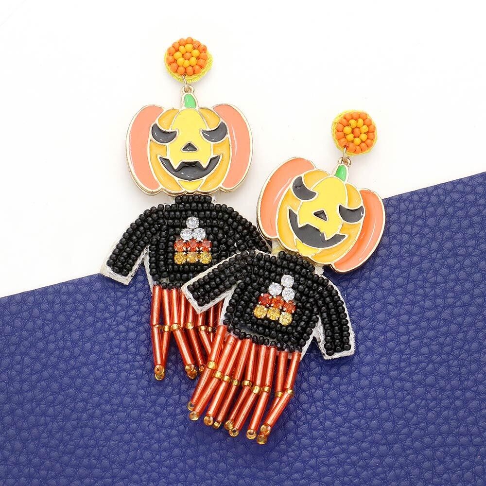 Enamel Pumpkin Felt Back Beaded Clothes Dangle Earrings