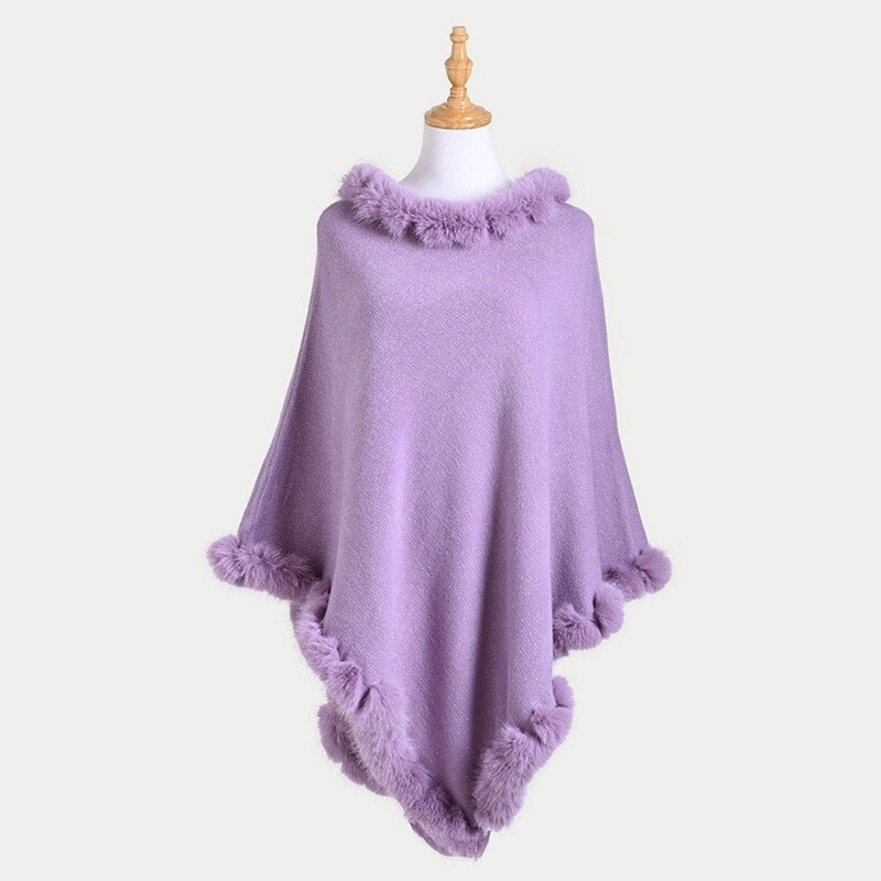 Faux Fur Trimmed Solid Poncho
