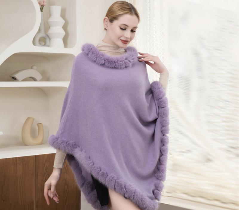 Faux Fur Trimmed Solid Poncho