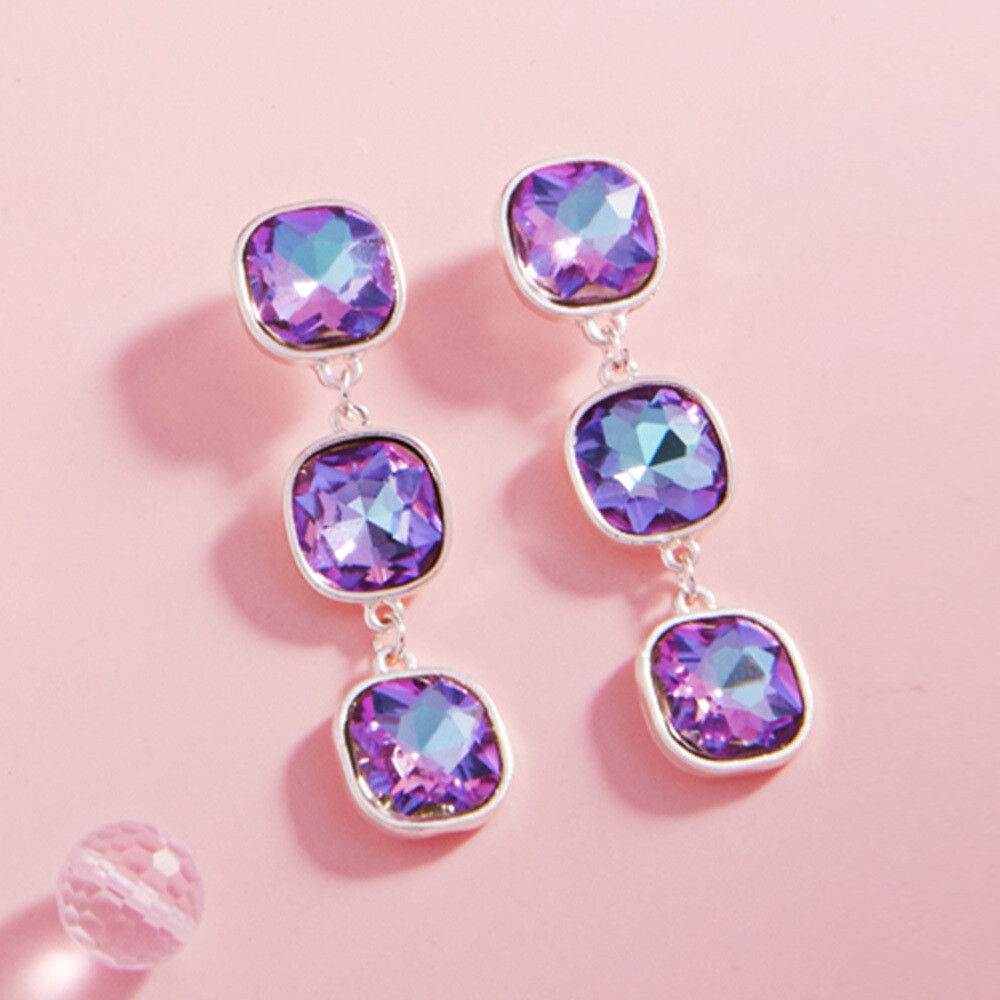 Lavender Triple Cushion Square Stone Link Dangle Earrings