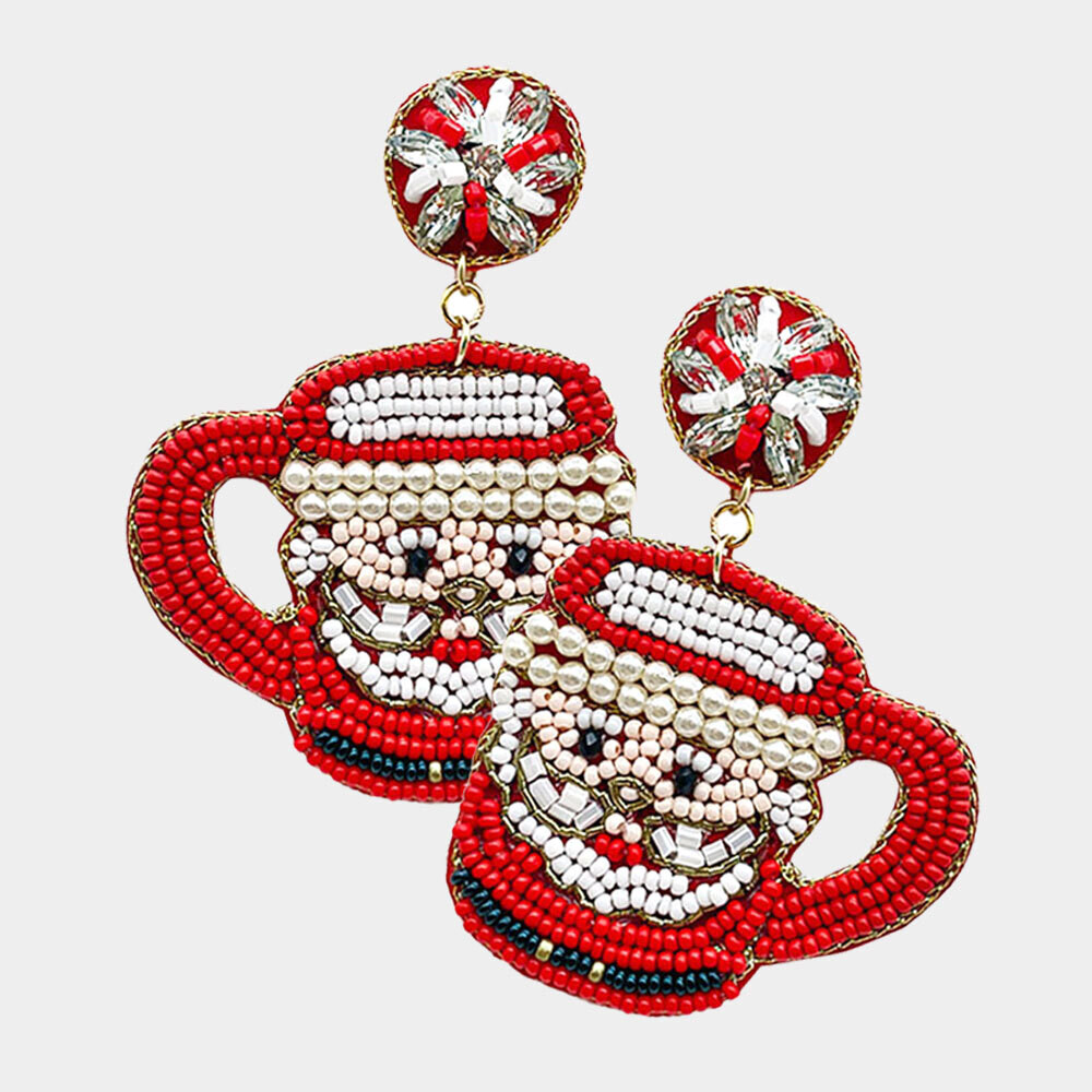 Felt Back Beaded Christmas Santa Claus Mug Cup Dangle Earrings