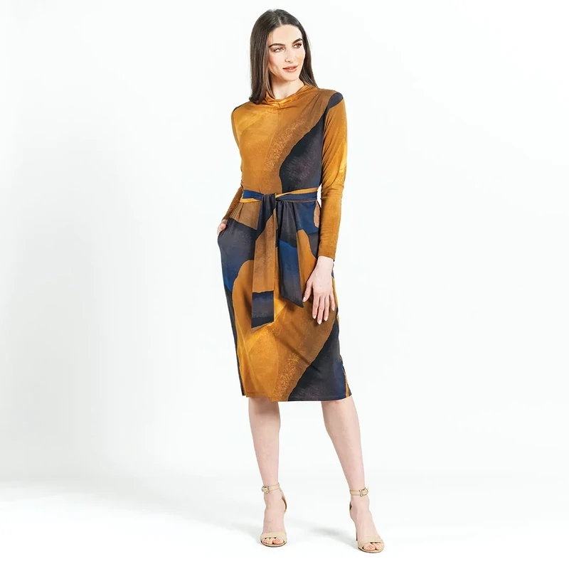 Tan Watercolor Tie Waist Pocket Midi Dress
