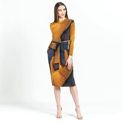 Tan Watercolor Tie Waist Pocket Midi Dress