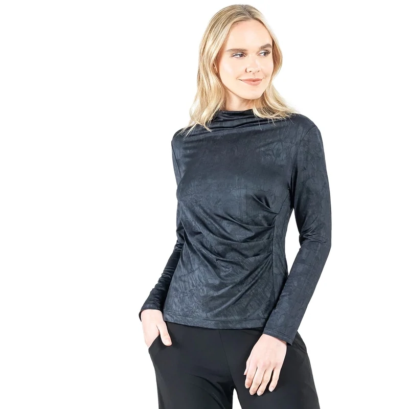 Black Crushed Silk Knit Draped Neck Ruched Top