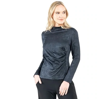 Black Crushed Silk Knit Draped Neck Ruched Top