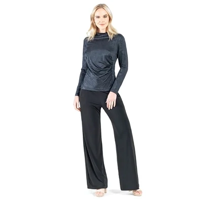Black Crushed Silk Knit Draped Neck Ruched Top