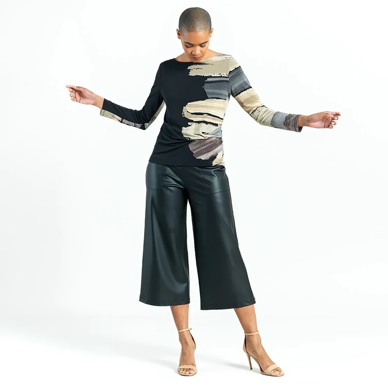Olive/Black Paint Stroke Side Twist Soft Knit Top