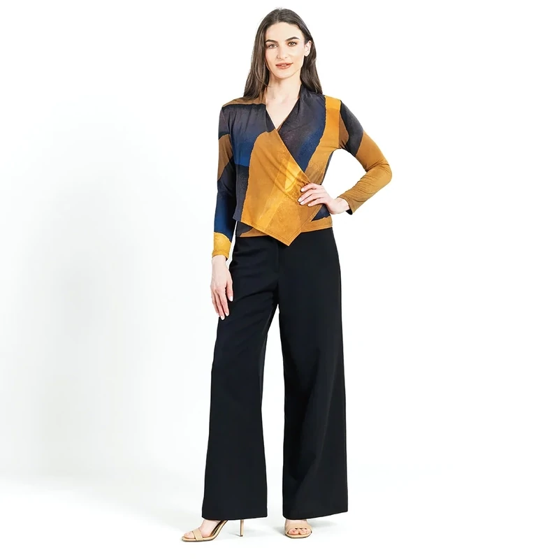 Tan Watercolor Long Sleeve Crossover Faux Wrap Top