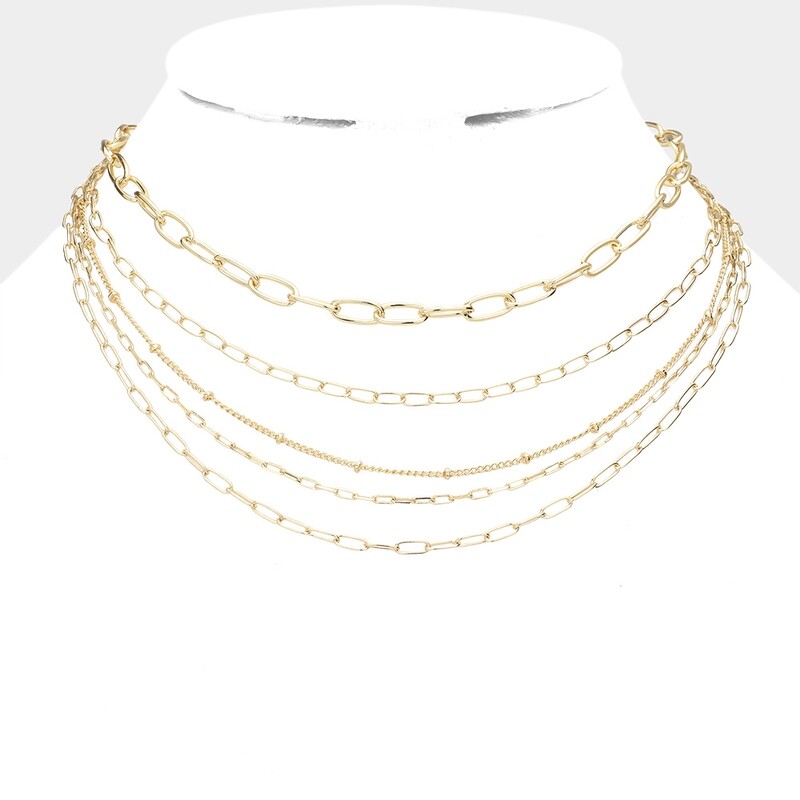 Open Metal Oval Link Multi Layered Bib Necklace
