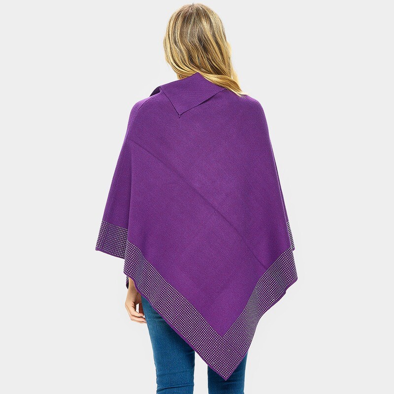Embellished Border Solid Neck Poncho