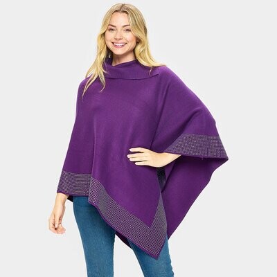 Embellished Border Solid Neck Poncho