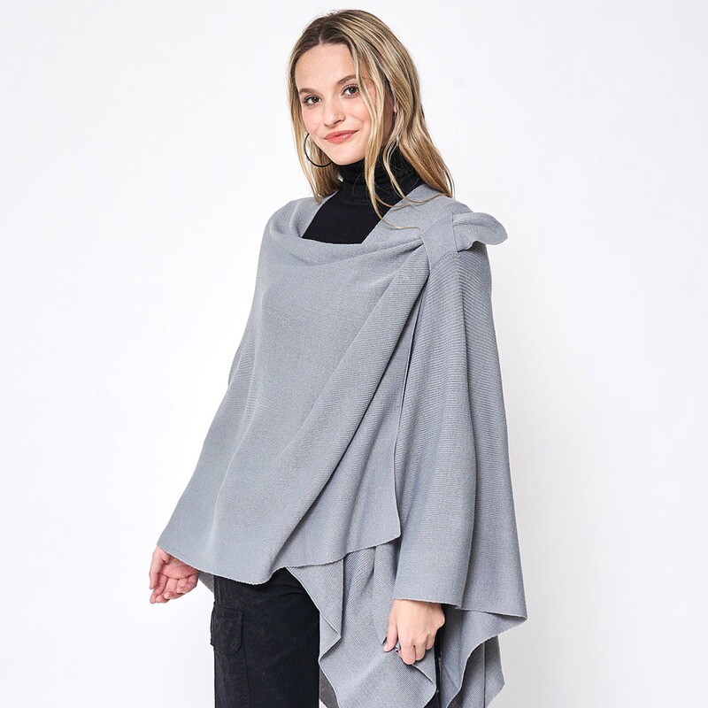 Grey Shoulder Strap Solid Ruana Poncho