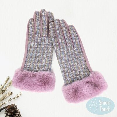Lavender Classic Tweed Faux Fur Cuff Trim Smart Gloves