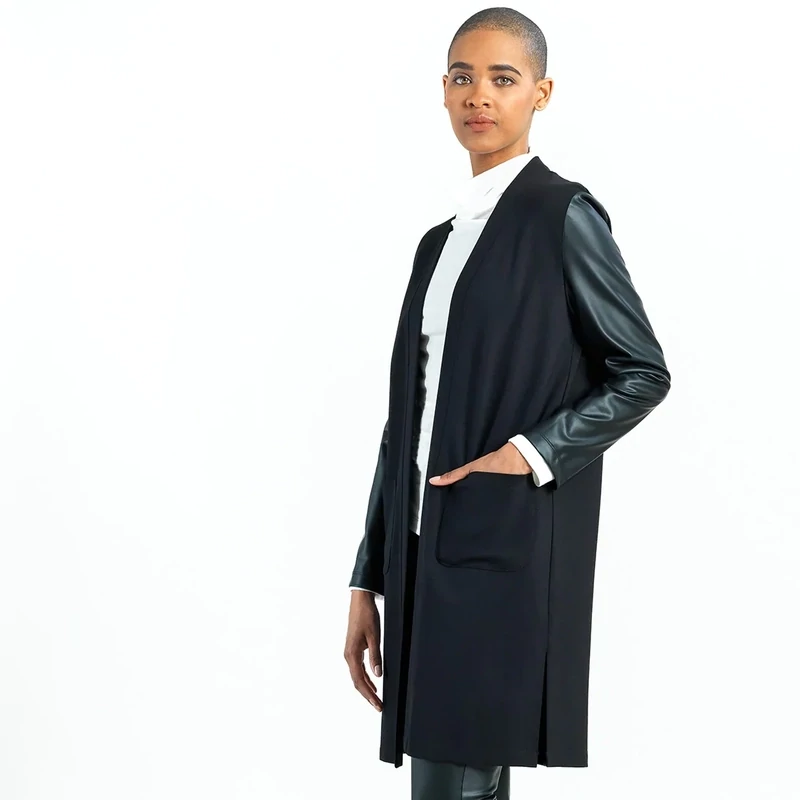Ponte Knit - Liquid Leather Sleeve Pocket Cardigan