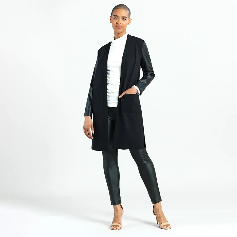 Ponte Knit - Liquid Leather Sleeve Pocket Cardigan