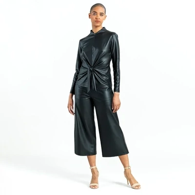 Black Liquid Leather Center Front Tie Top