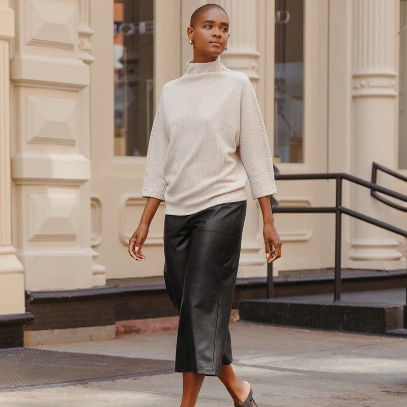 Sand Chunky Ribbed Funnel Neck Modern Sweater Top
