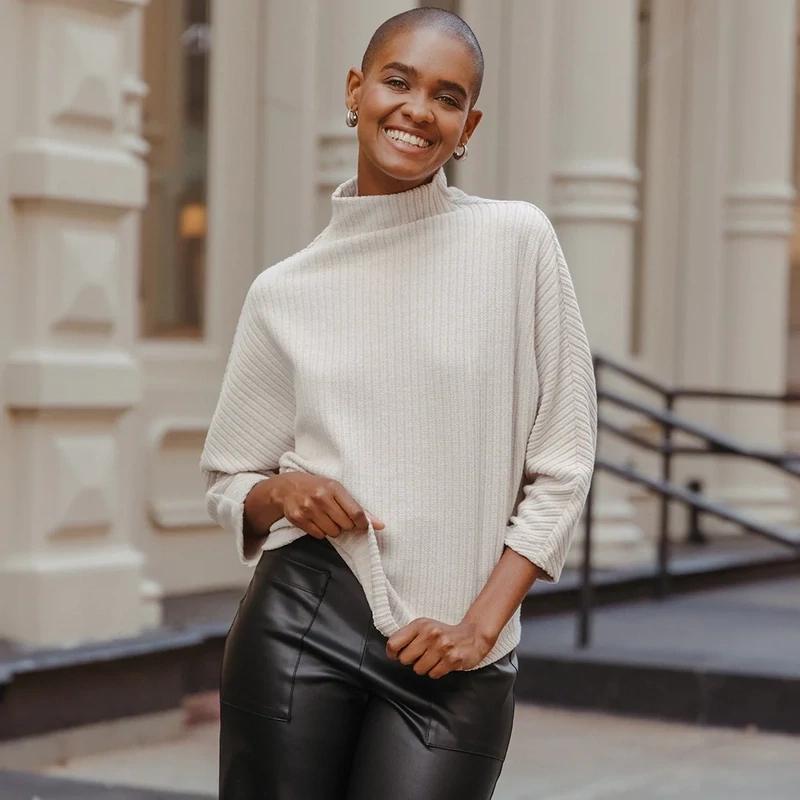 Sand Chunky Ribbed Funnel Neck Modern Sweater Top