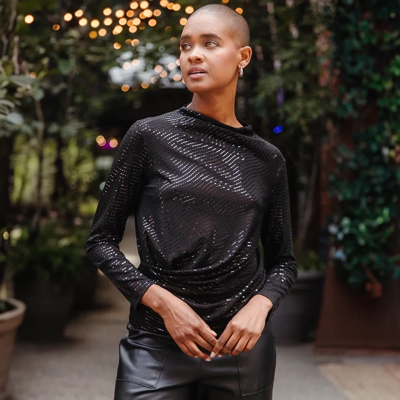 Black  Shimmer Boat Neck Side Draped Top