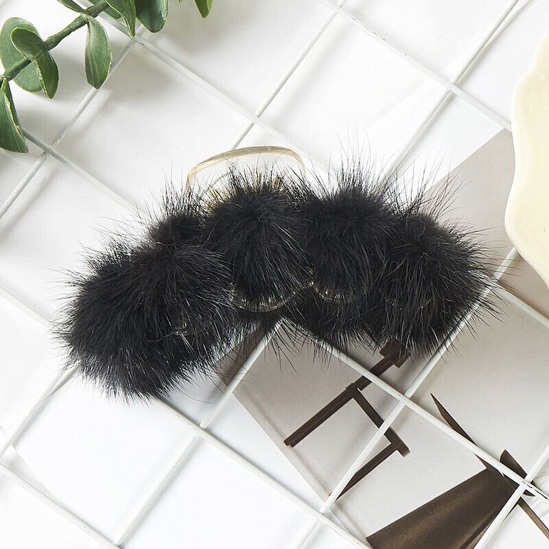Medium Size Faux Fur Pom Pom Hair Claw Clip