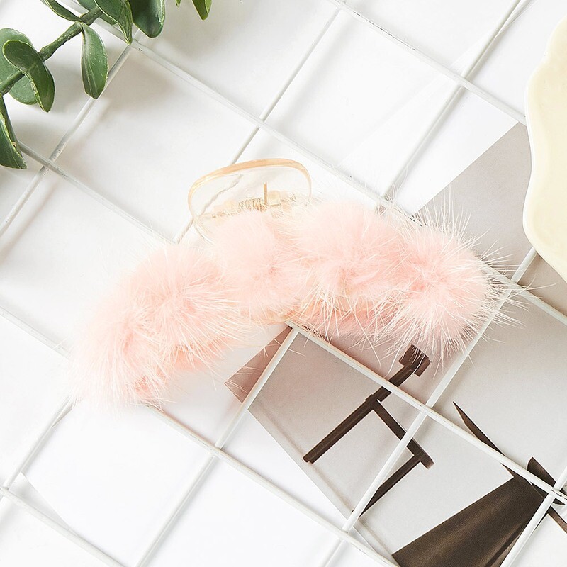 Medium Size Faux Fur Pom Pom Hair Claw Clip
