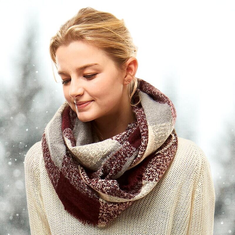 Burgundy Plaid Boucle Infinity Scarf