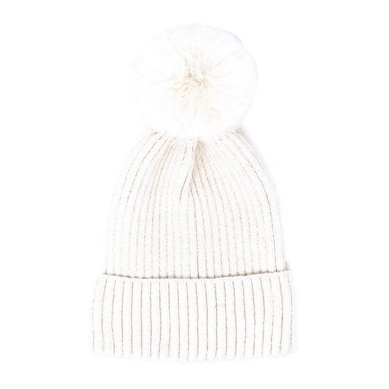 Ivory Solid Chenille Pom Pom Beanie Hat
