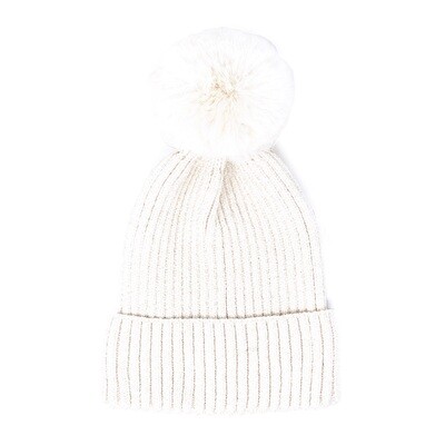 Ivory Solid Chenille Pom Pom Beanie Hat