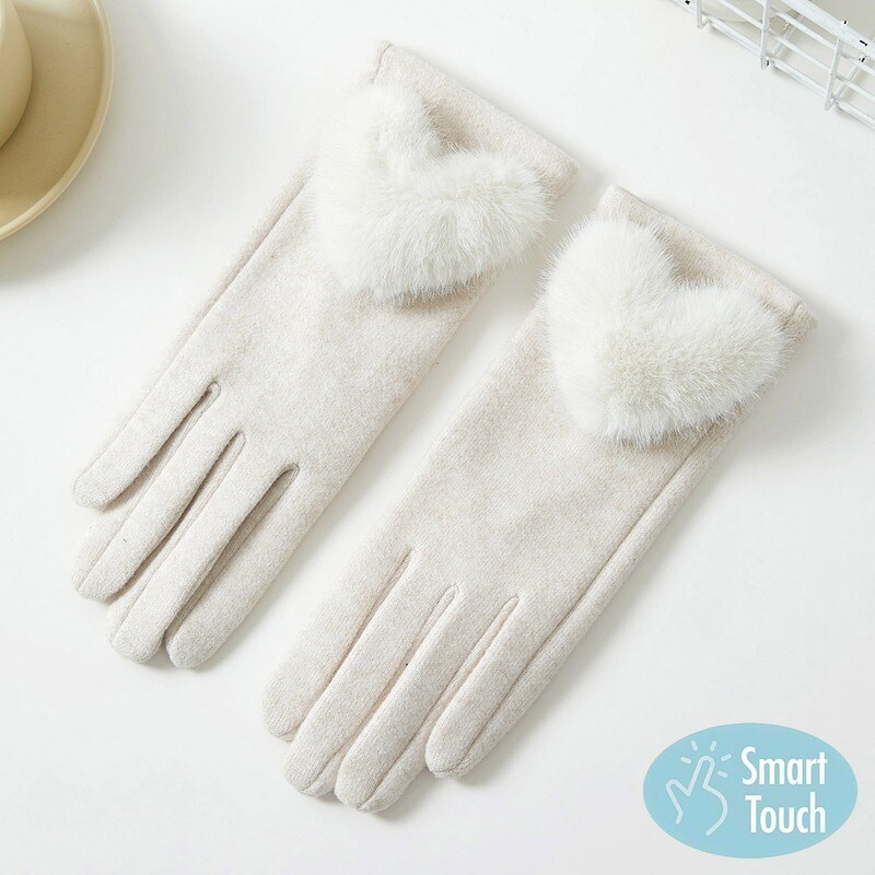 Faux Fur Heart Accented Touch Smart Gloves