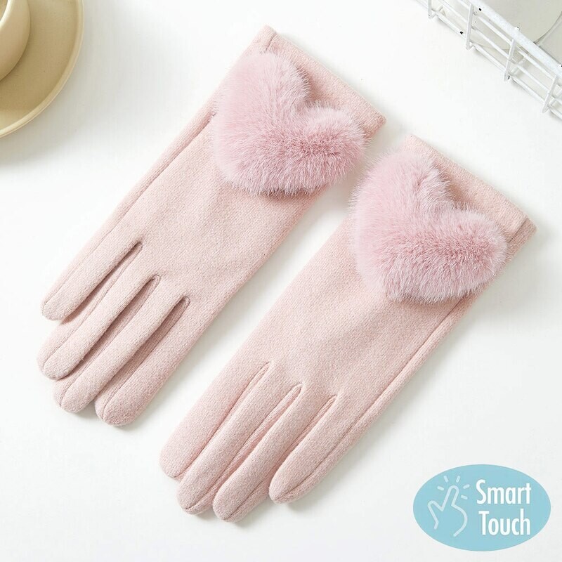 Faux Fur Heart Accented Touch Smart Gloves