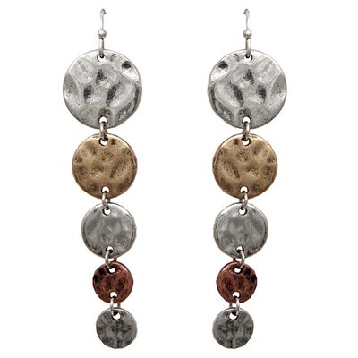 Tri Tone Metal Round Disc Drop Earring