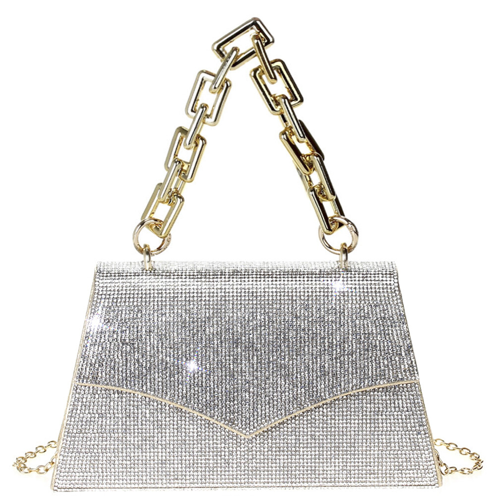 Full Rhinestone Chunky Gold Chain Handle Handbag