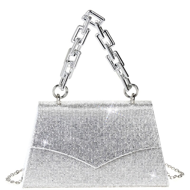 Full Rhinestone Chunky Gold Chain Handle Handbag