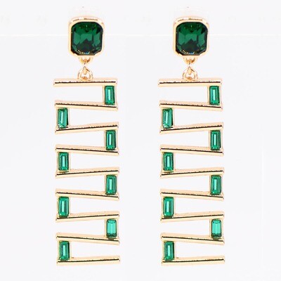 Emerald Green Baguette CZ/Gold Unique Dangle Earrings
