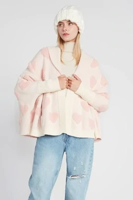 Ivory Cape Cardigan With Pink Sherpa Hearts