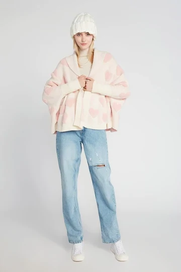Ivory Cape Cardigan With Pink Sherpa Hearts