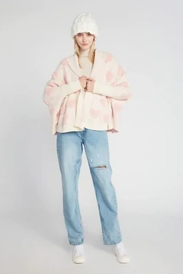 Ivory Cape Cardigan With Pink Sherpa Hearts