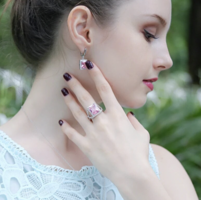 Large Square Pink Cubic Zirconia Halo Set Cocktail