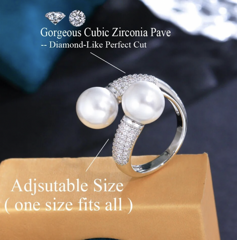 Double Pearl End Pave Set CZ Band Adjustable Ring