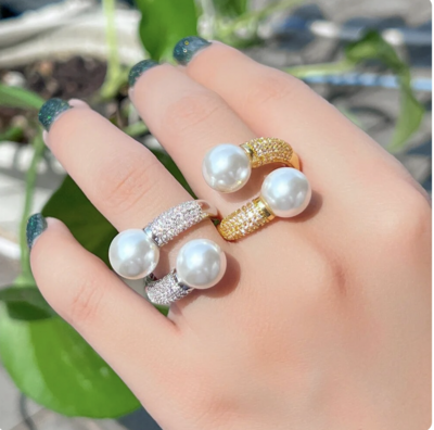 Double Pearl End Pave Set CZ Band Adjustable Ring
