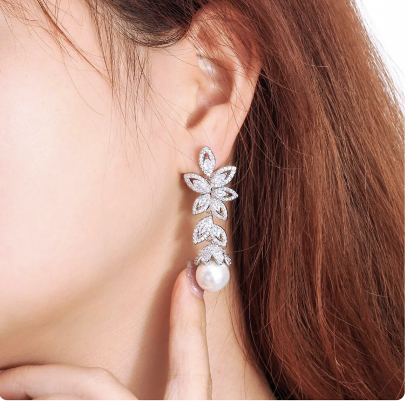 AAA Cubic Zirconia Cluster Leaf Drop With Pearl Drop