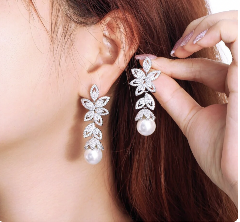 AAA Cubic Zirconia Cluster Leaf Drop With Pearl Drop