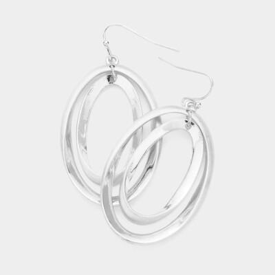 Silver Double Open Metal Oval Link Dangle Earrings