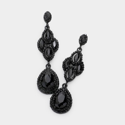 Black Teardrop Stone Accented Dangle Evening Earrings