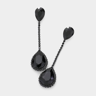 Jet Black Double Teardrop Dangle Evening Earrings